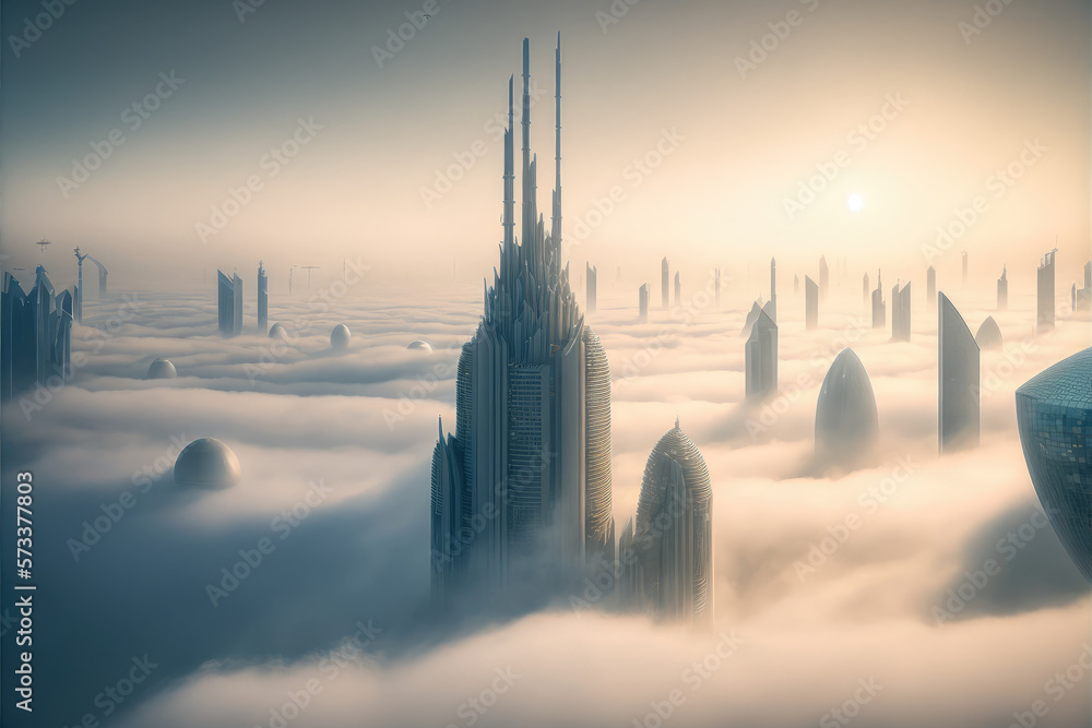 Top of skyscrapers building high above the clouds in the morning sunrise . Futuristic architecture o