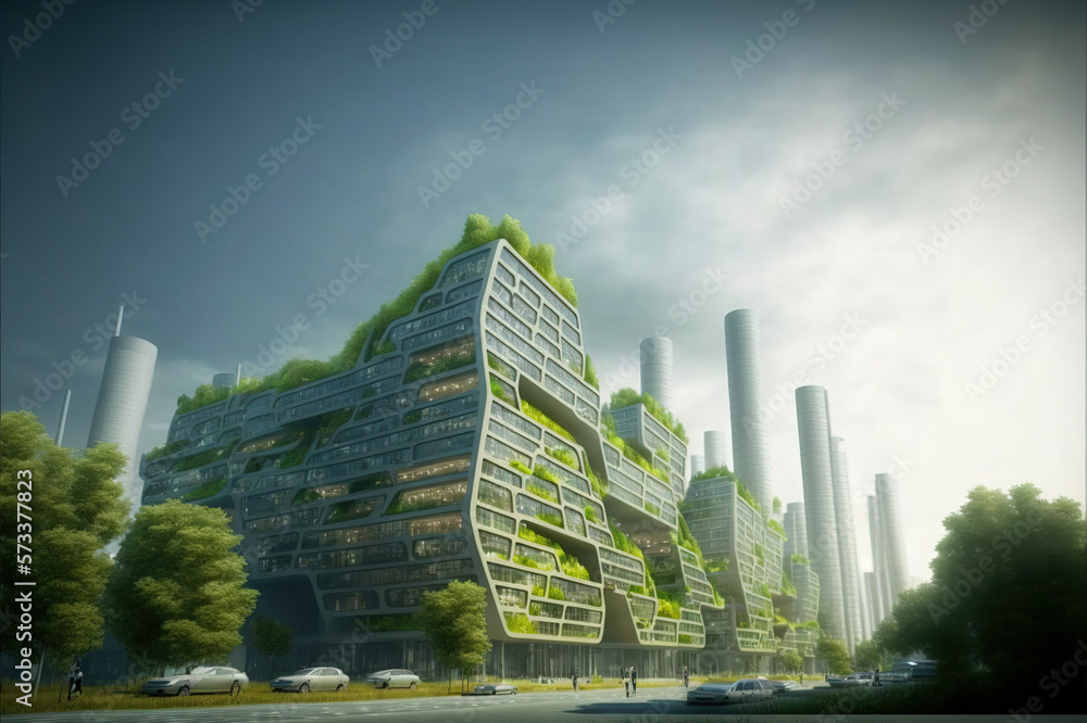 Sustainable green city with futuristic office building and architecture . Sublime Generative AI imag