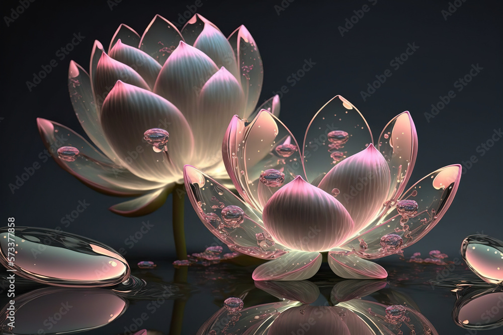 Dreamlike image of light glowing lotus flower or water lily with transparent pink illumination under