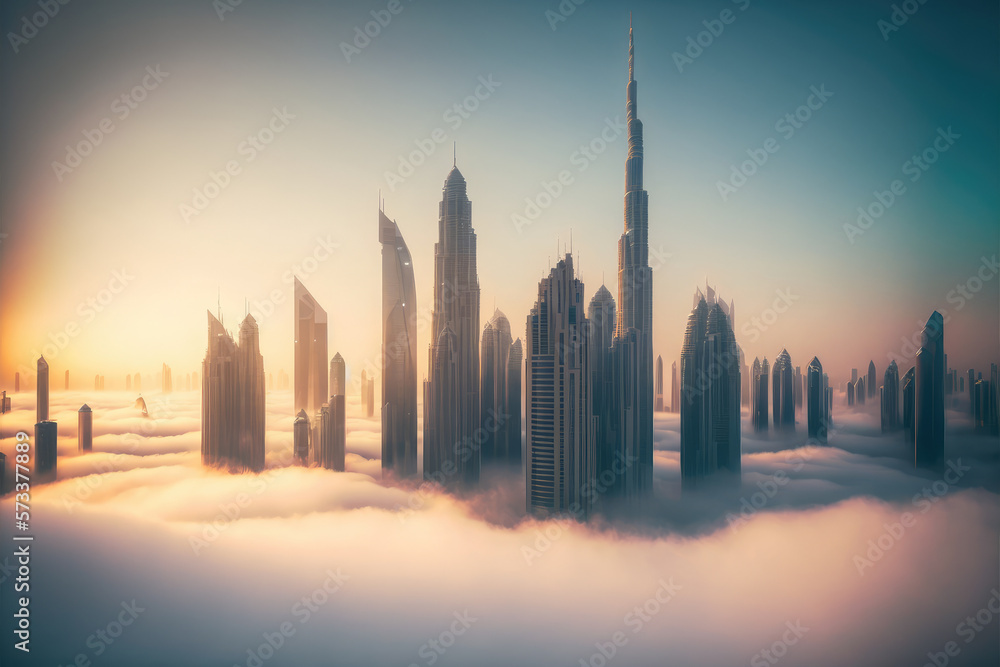 Top of skyscrapers building high above the clouds in the morning sunrise . Futuristic architecture o