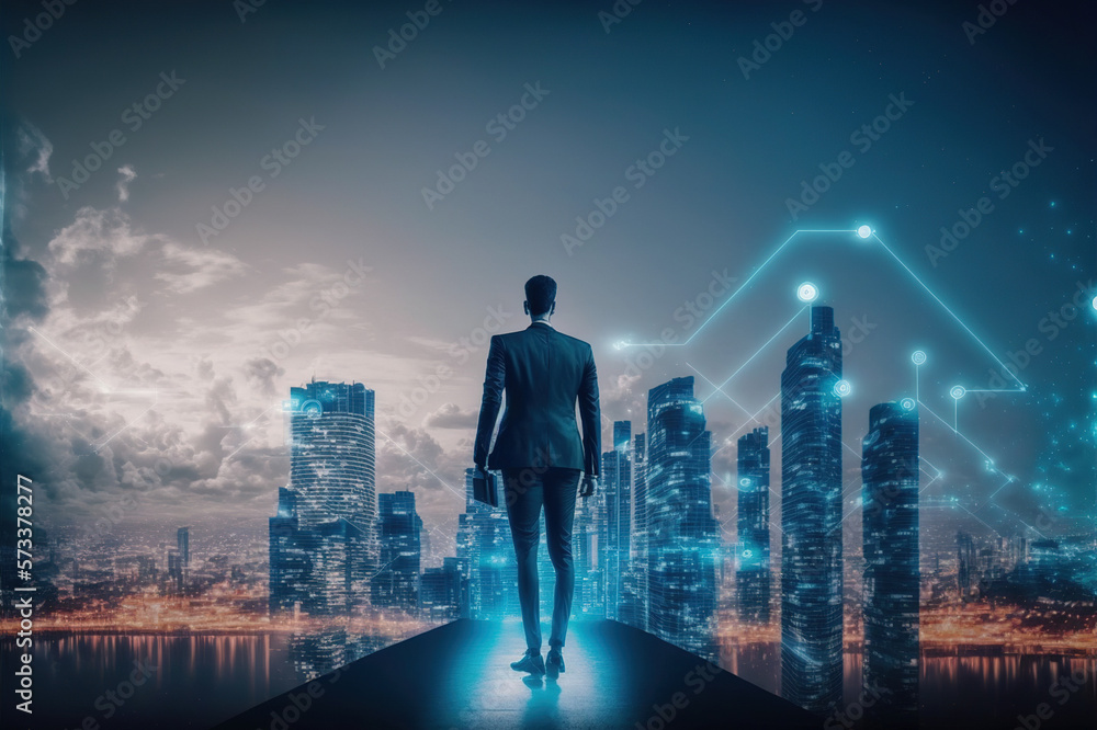 Businessman walking on virtual reality platform to futuristic smart city of opportunity with interne