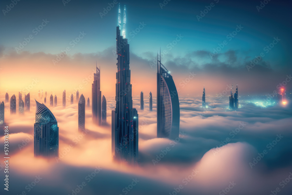 Top of skyscrapers building high above the clouds in the morning sunrise . Futuristic architecture o