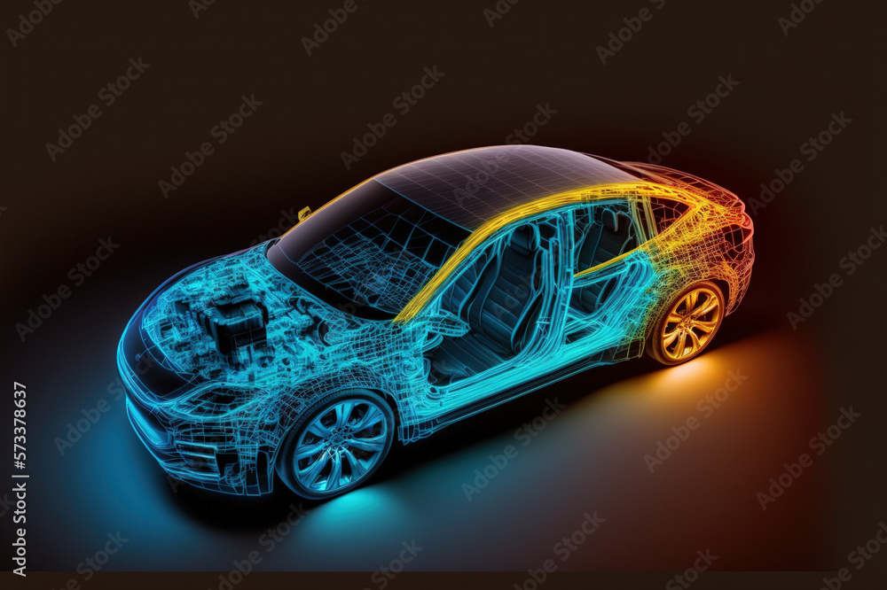 Virtual simulation of future electric car showing wireframe prototype model blueprint in display for