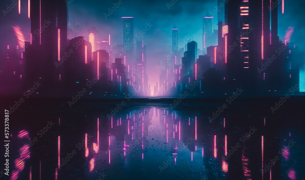 Futuristic city with neon light of pink and blue illuminated city street . Sublime Generative AI ima