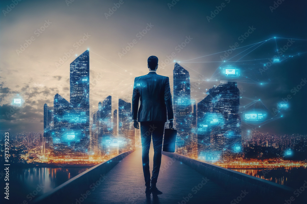 Businessman walking on virtual reality platform to futuristic smart city of opportunity with interne