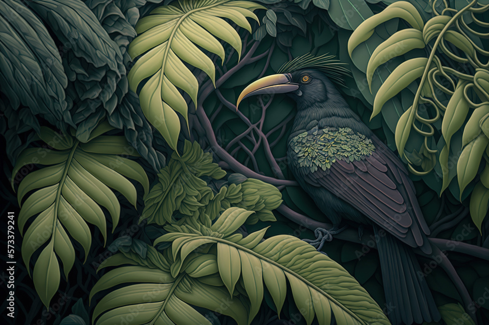 Various tropical leaves and birds exotic wallpaper design . Sublime Generative AI image .