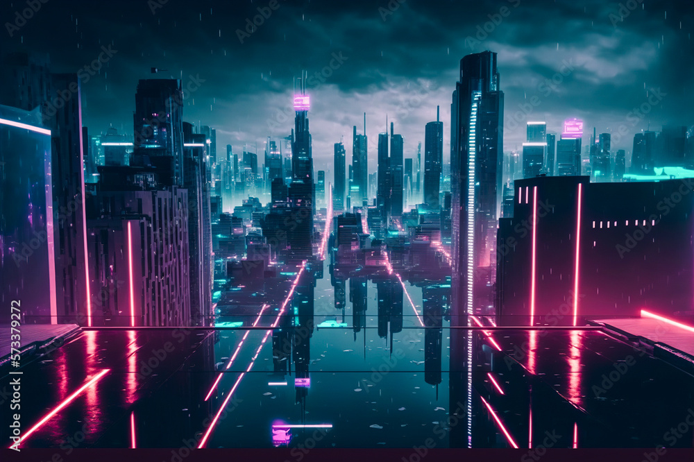 Futuristic city with neon light of pink and blue illuminated city street . Sublime Generative AI ima