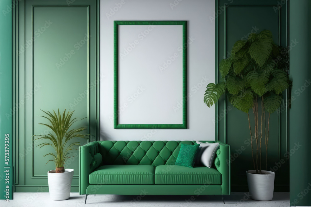 Green modern interior living room design with empty picture frame template for your desired content.