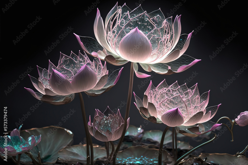 Dreamlike image of light glowing lotus flower or water lily with transparent pink illumination under