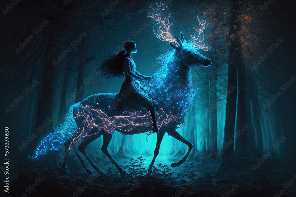 Night fantasy image of mystic woman riding deer in magical forest illumination . Sublime Generative 