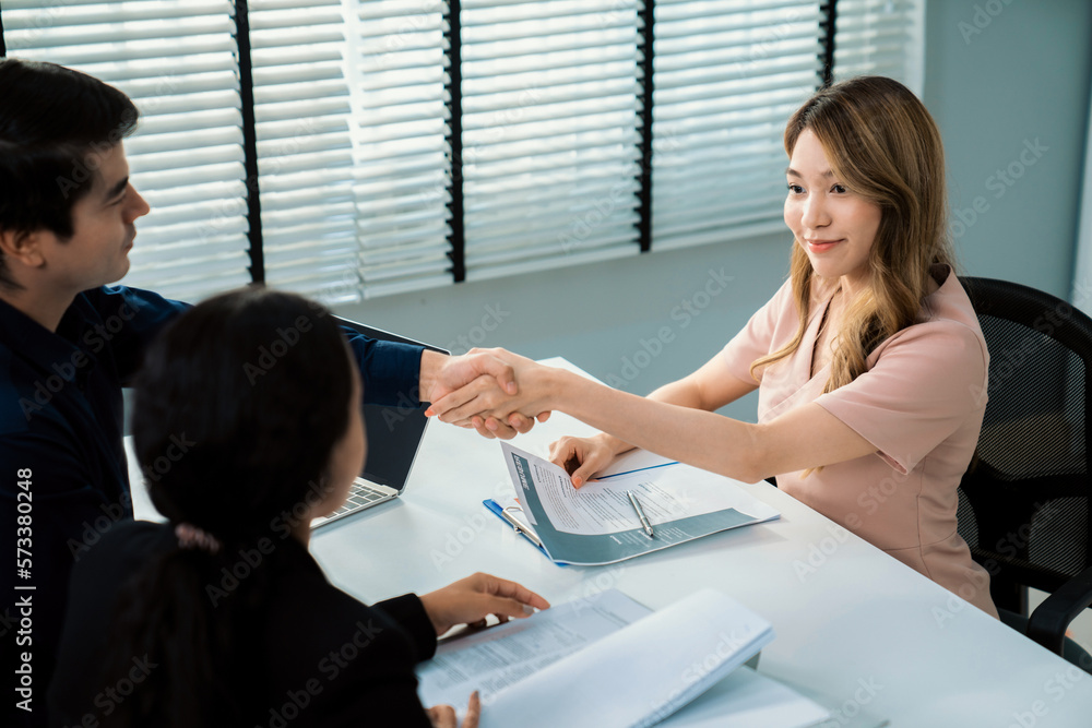 A new and competent female employee successfully interviewed. Newly graduated gets her first job aft