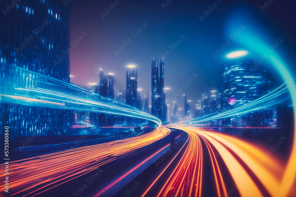 Smart digital city with high speed light trail of cars of digital data transfer . Sublime Generative