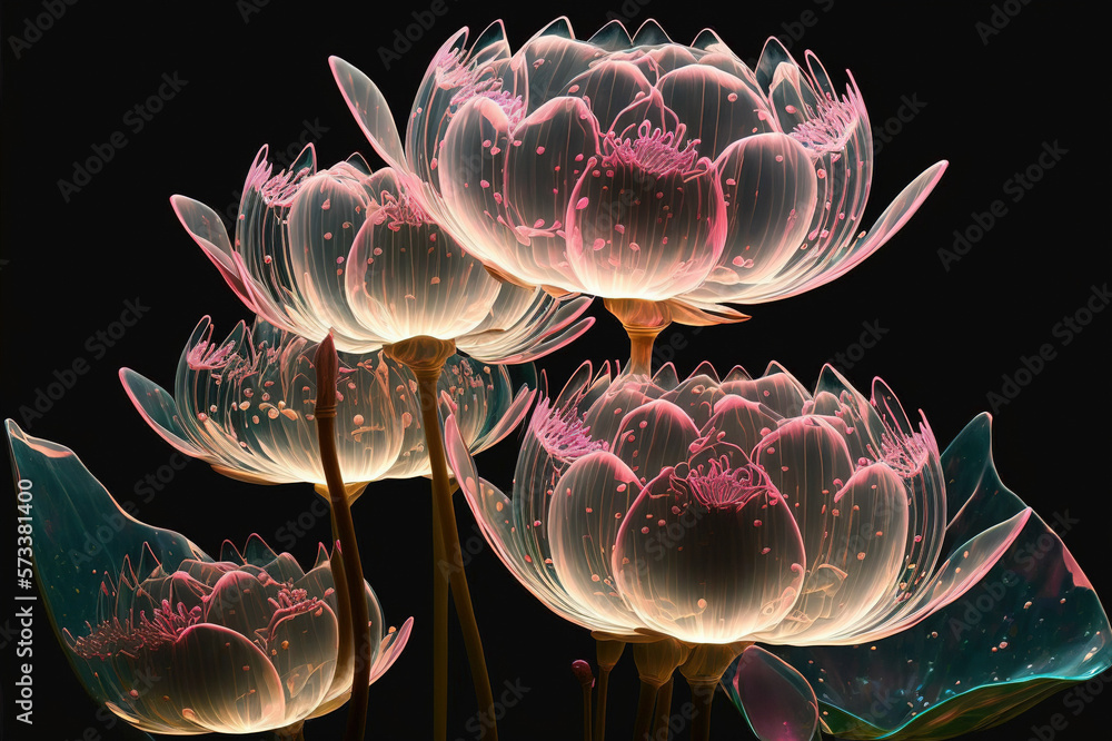 Dreamlike image of light glowing lotus flower or water lily with transparent pink illumination under