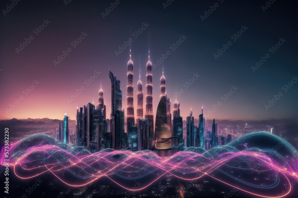 Smart city with communication network graphic connecting the city with wireless internet technology.