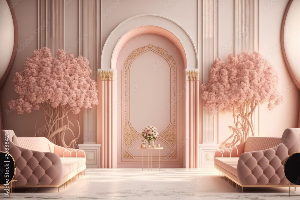 Modern living room interior design decorated in luxurious all pink color monochrome. Peculiar AI gen