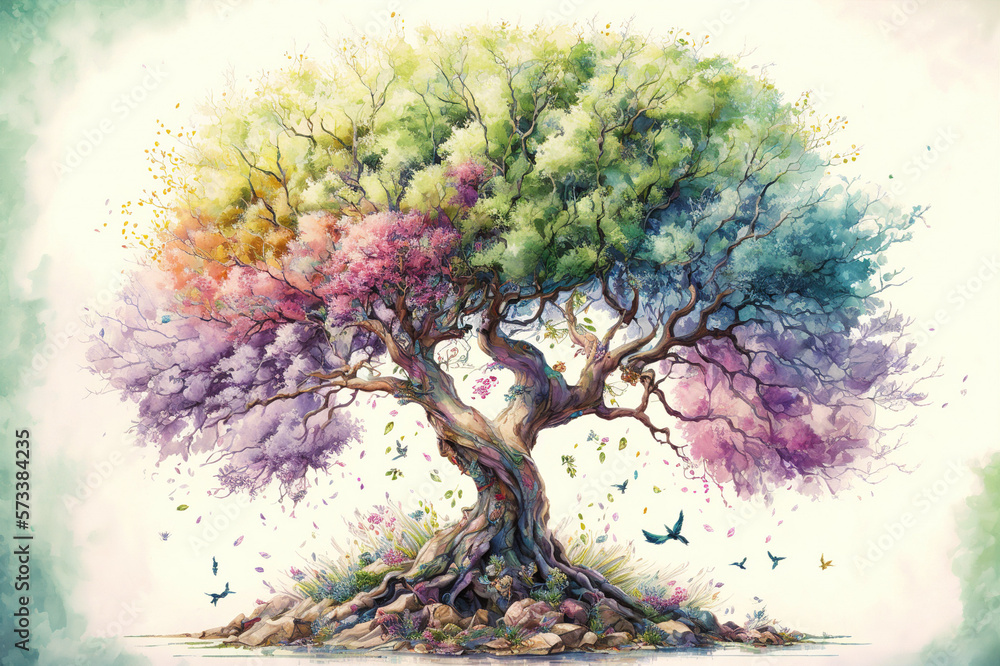 The tree of life in colorful spring watercolor painting style . Sublime Generative AI image .