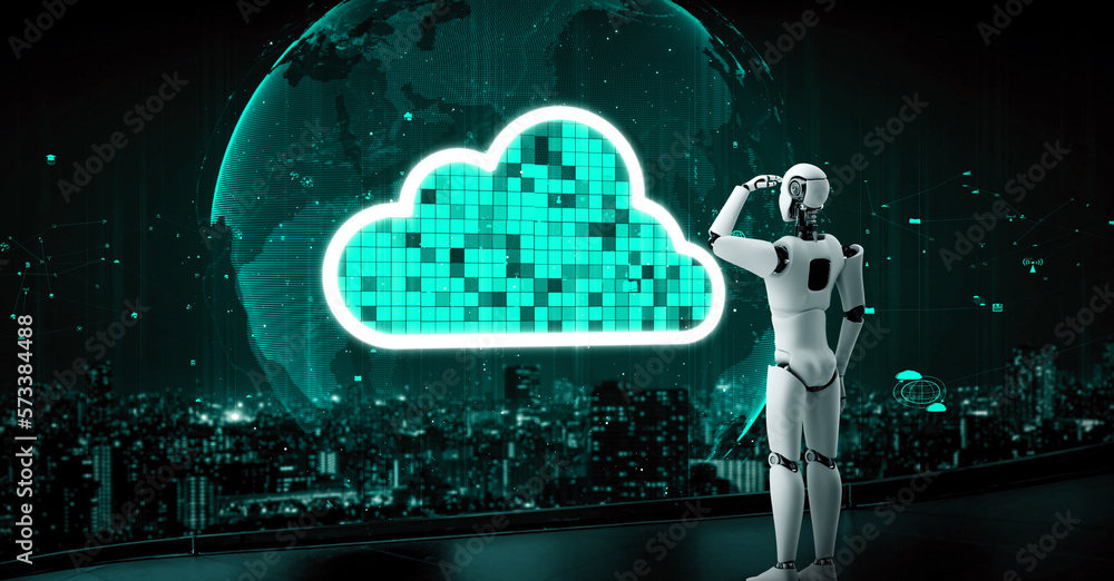 AI robot huminoid uses cloud computing technology to store data on online server . Futuristic concep