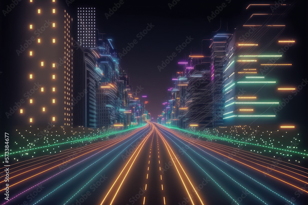 Abstract highway path through digital smart city graphic design. Peculiar AI generative image.