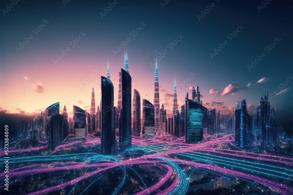 Smart city with communication network graphic connecting the city with wireless internet technology.