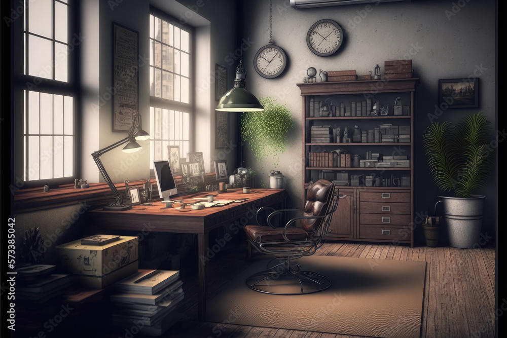 Antique home interior with working space and study desk in elegant room. Peculiar AI generative imag