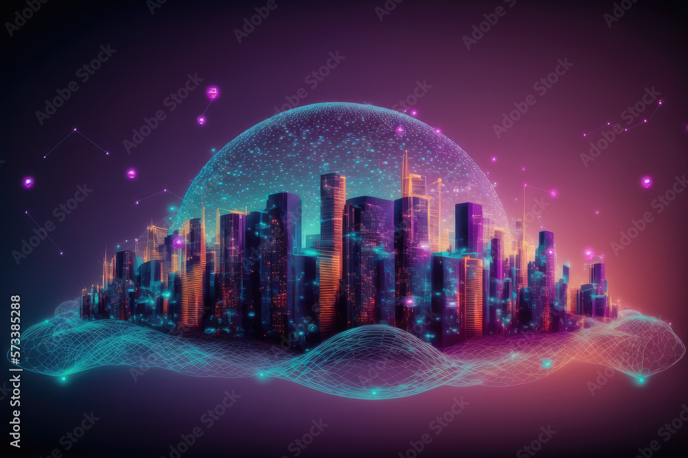 Futuristic smart city internet network connection through wireless system. Peculiar AI generative im