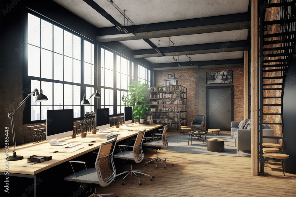 Luxury workspace office decorated with industrial loft modern interior design. Peculiar AI generativ