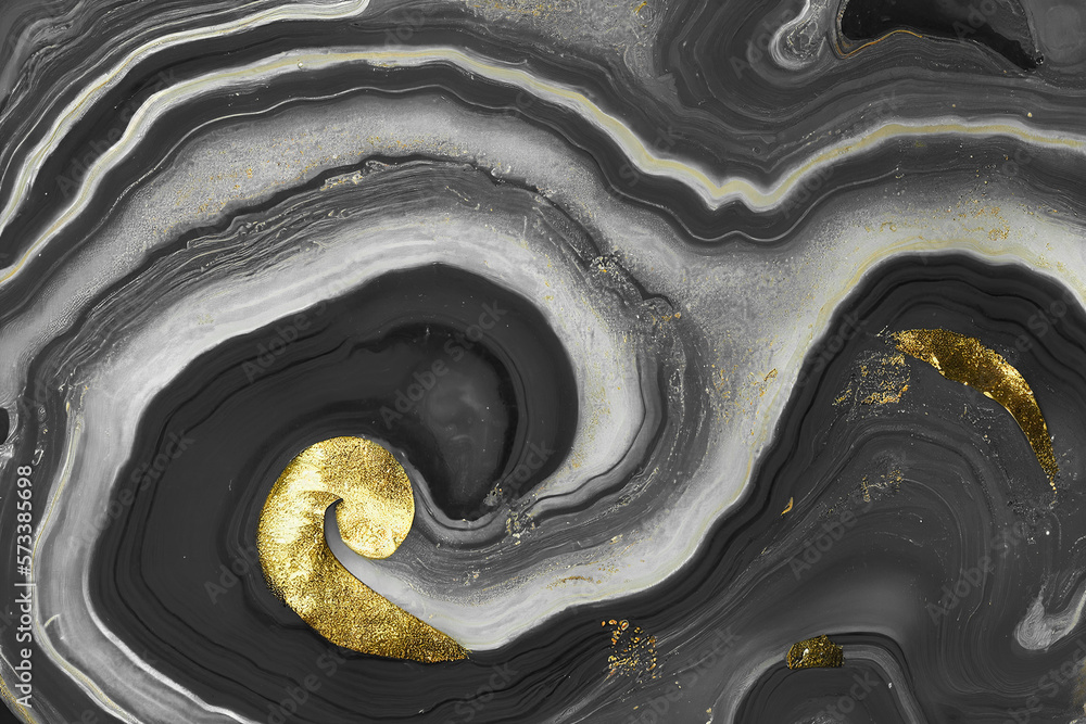 Abstract art background with a fluid marble black and gold texture. Splendid generative AI luxury ab