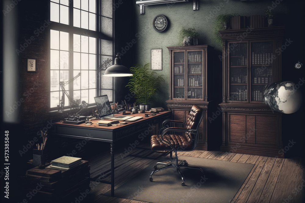 Antique home interior with working space and study desk in elegant room. Peculiar AI generative imag