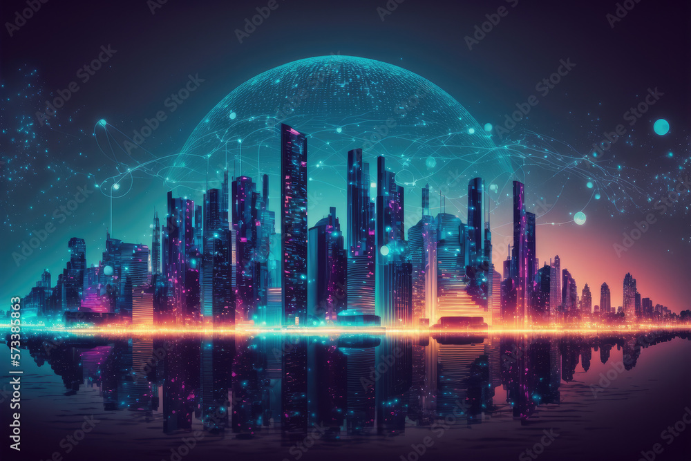 Futuristic smart city internet network connection through wireless system. Peculiar AI generative im