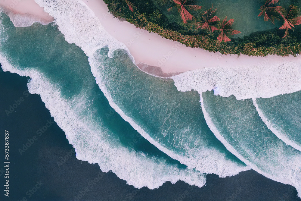 Spectacular top view from drone photo of beautiful pink beach with relaxing sunlight, sea water wave