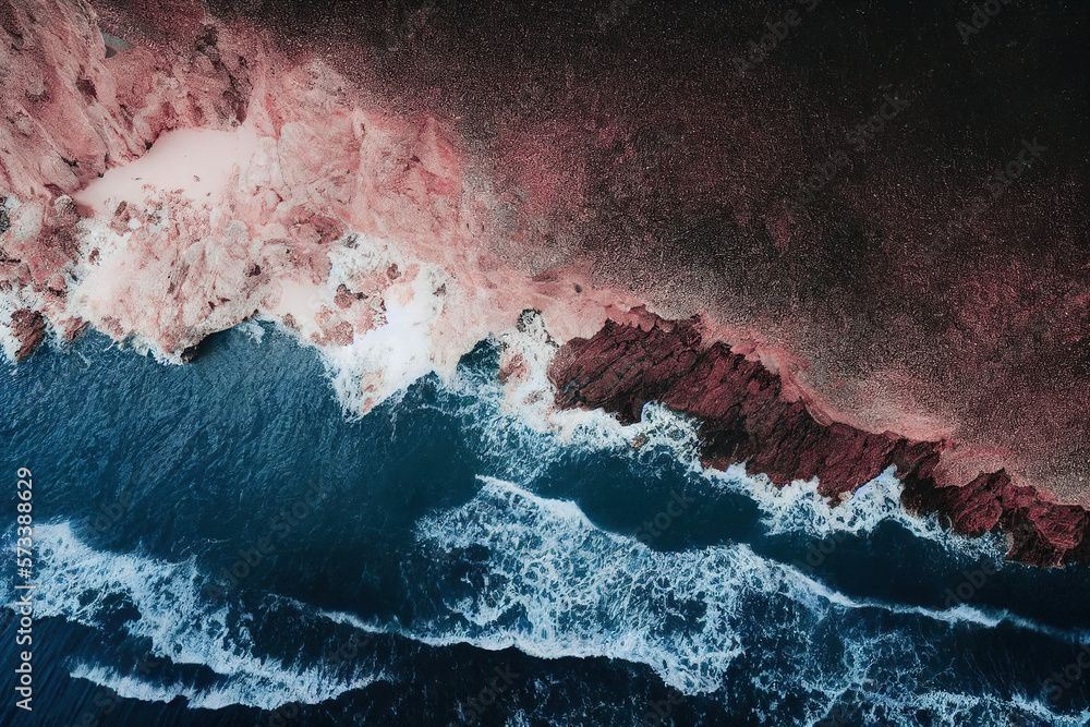 Spectacular drone photo, top view of seascape ocean wave crashing rocky cliff with sunset at the hor