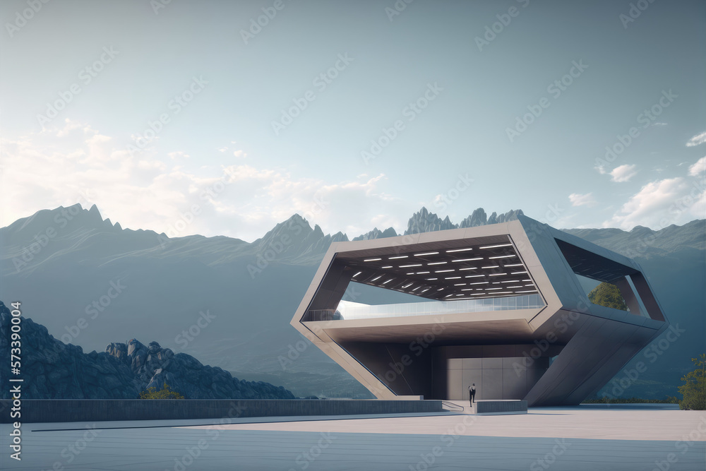 Futuristic architecture of modern hall entrance facade on high mountain top scenery with empty outdo