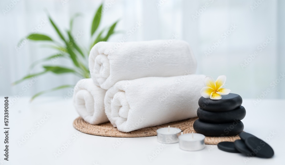 Spa accessory composition set in day spa hotel , beauty wellness center . Spa product are placed in 