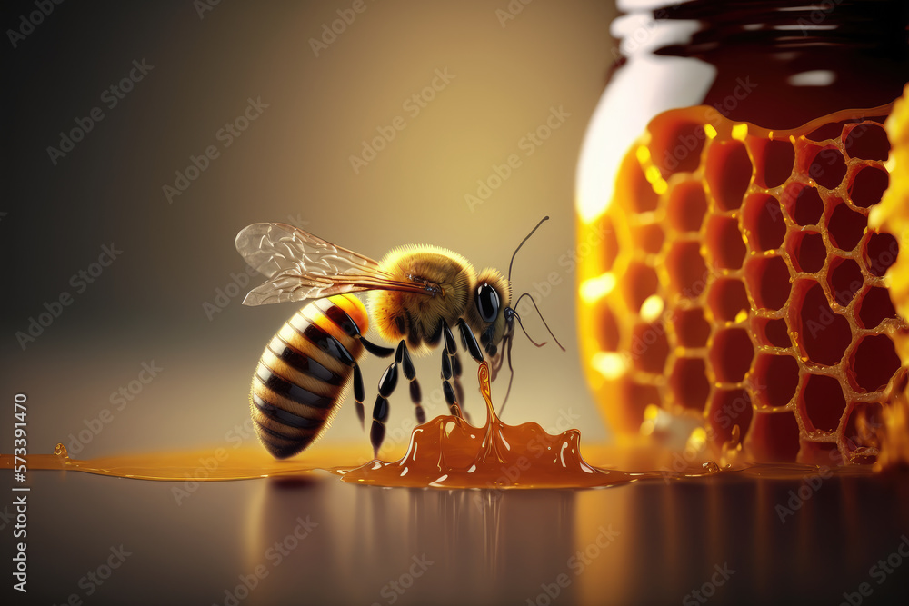 Bee and honey from close up view of nature insect. Peculiar AI generative image.