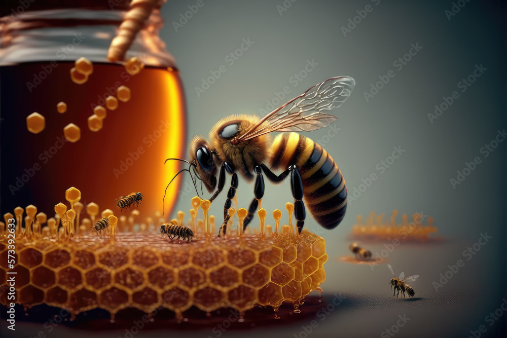 Bee and honey from close up view of nature insect. Peculiar AI generative image.