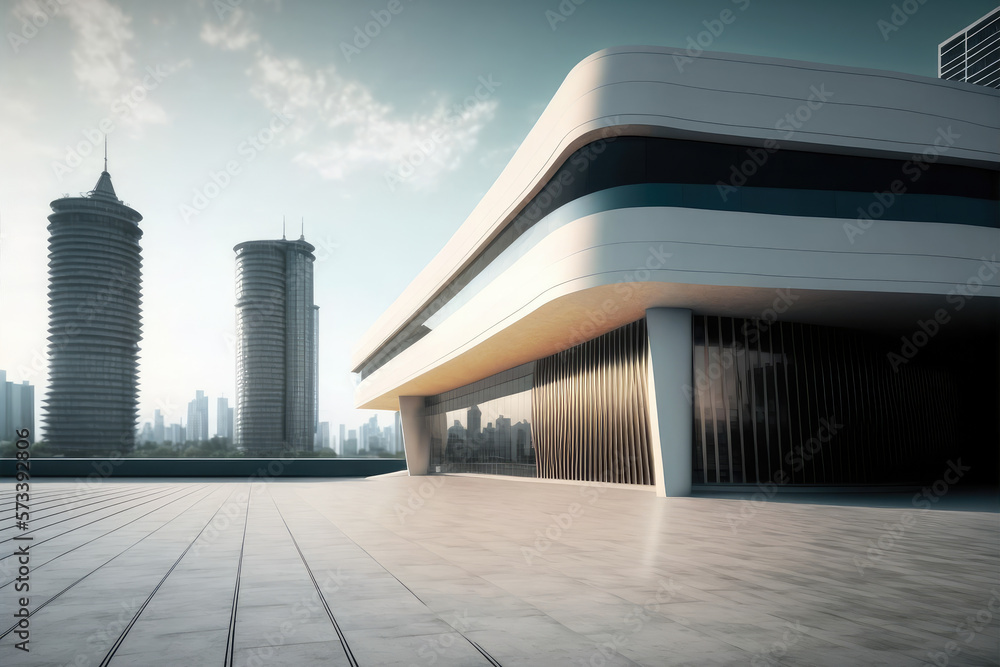 Modern architecture building design with empty concrete floor and urban city skyline in background s