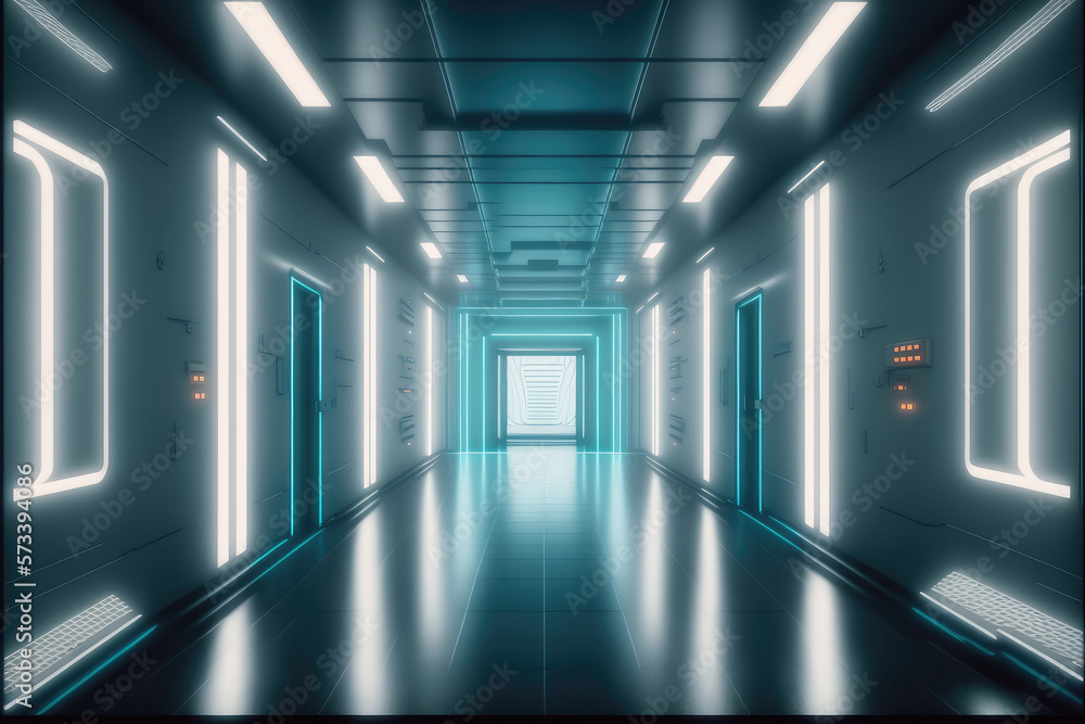 Empty sci-fi futuristic room of spaceship with blue light decoration . Super modern interior design.