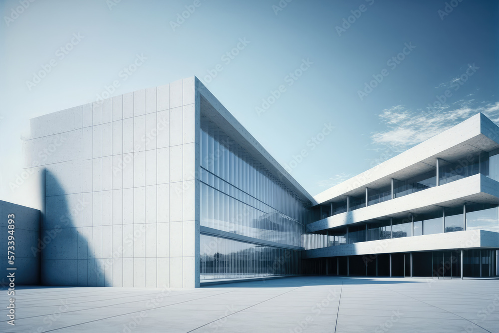 Modern architecture exterior of public hall entrance in urban building outdoor under bright sky with