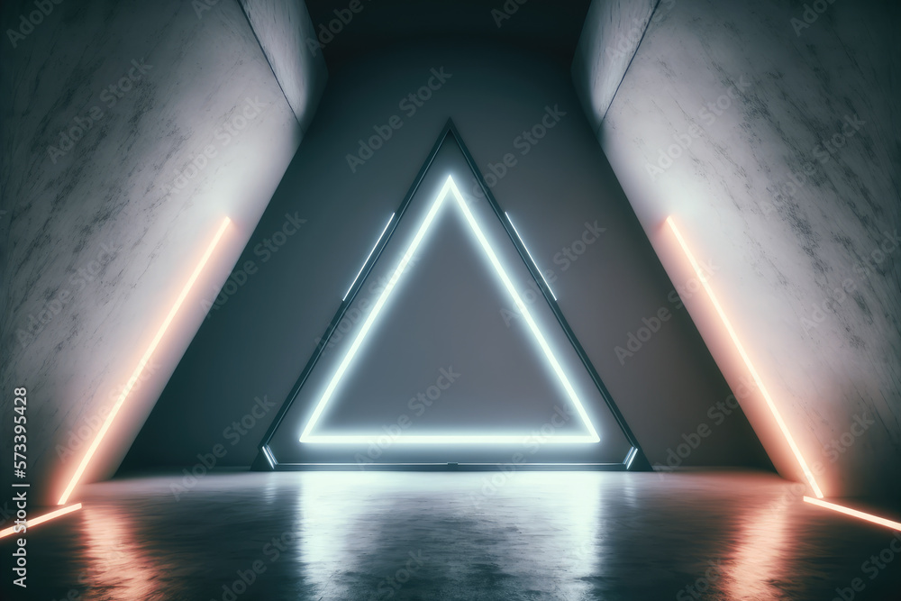 Concrete room with triangle portal illuminated by blue and orange neon light. Peculiar AI generative