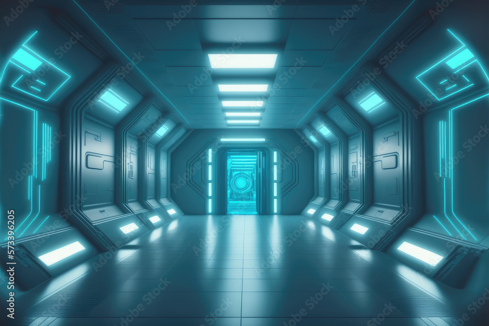 Empty sci-fi futuristic room of spaceship with blue light decoration . Super modern interior design.