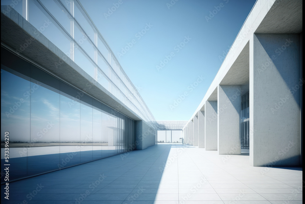 Modern architecture exterior of public hall entrance in urban building outdoor under bright sky with