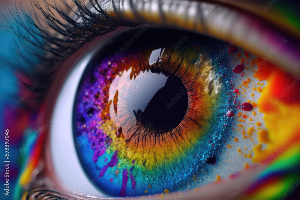 Close up view of female eye with multicolored eyeball and colorful makeup powder. Peculiar AI genera