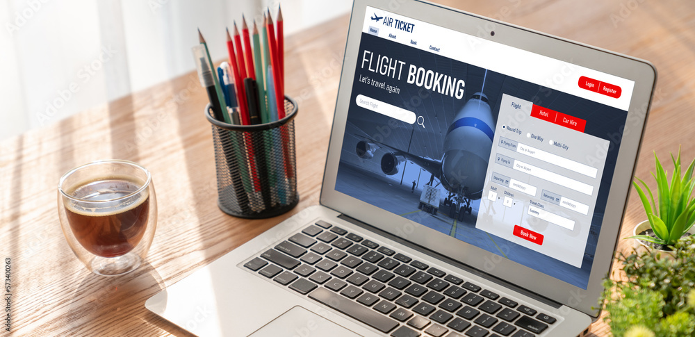 Online flight booking website provide modish reservation system . Travel technology concept .