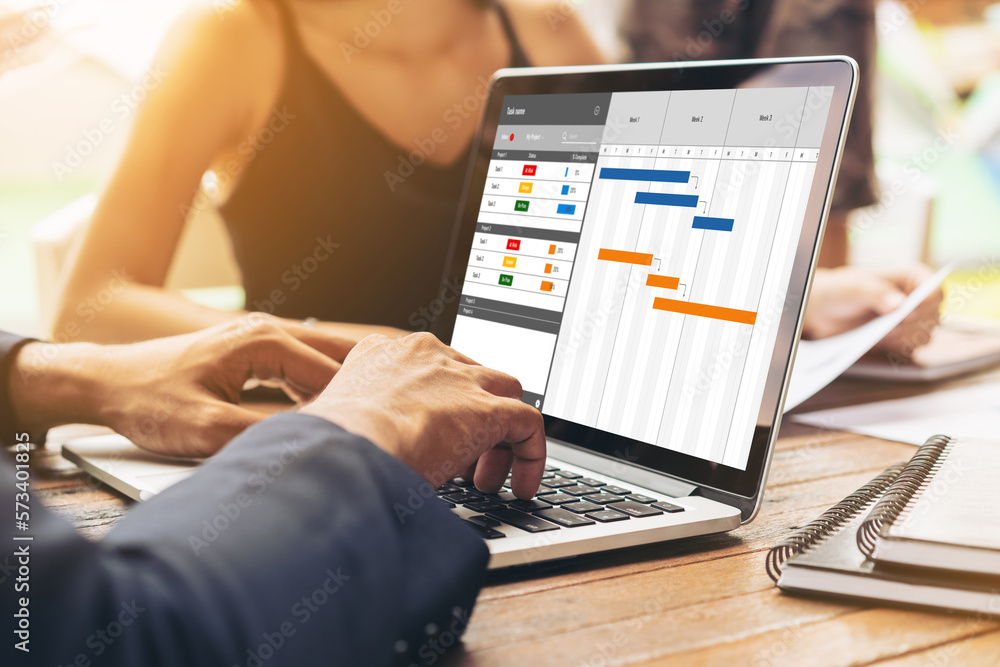 Project planning software for modish business project management on the computer screen showing time