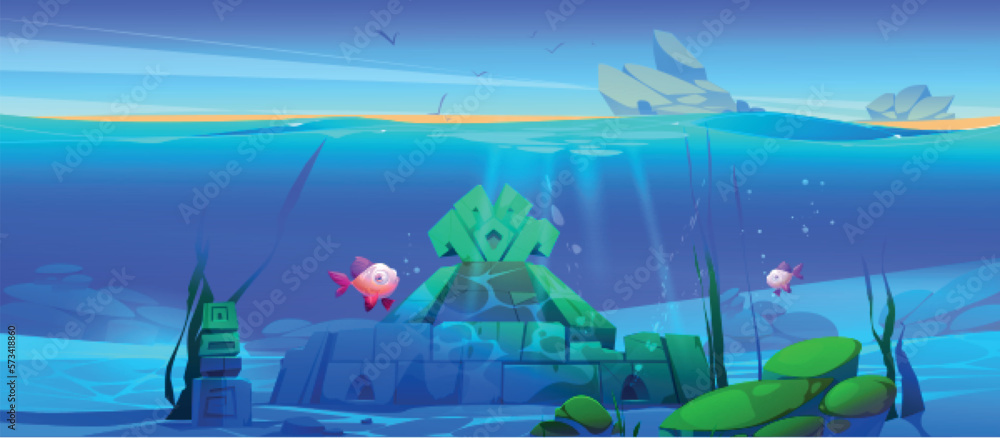 Ancient underwater ruins on sea bottom. Vector cartoon illustration of old stone building or treasur