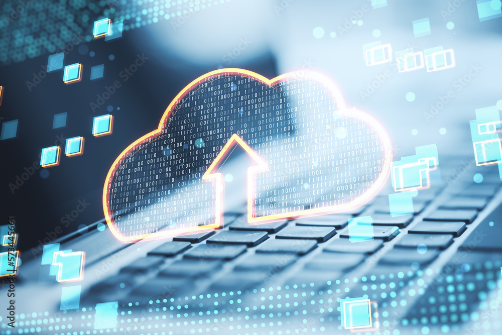 Data transfer and storage concept with digital cloud symbol with arrow inside among pixels on modern