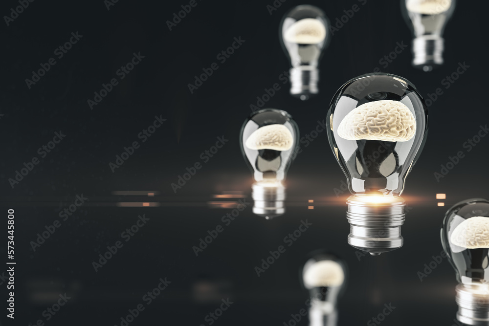 Abstract glass lamps with brain inside on black background with mock up place. Inventor concept. 3D 