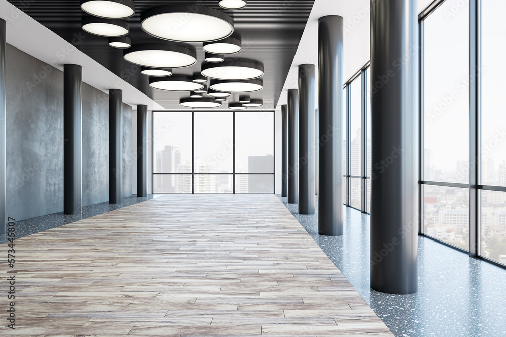 Front view on spacious sunlit modern interior design corridor with illuminated round lamps on dark t