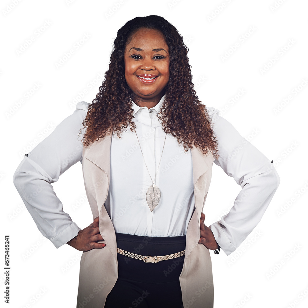 A cheerful voluptuous African businessperson in corporate attire and hands on hips posing for profil