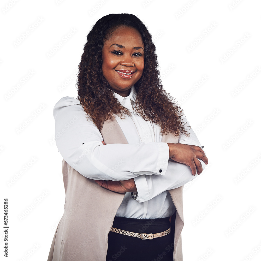 A bold curvy Afro American business owner in corporate apparel posing with positive attitude and han